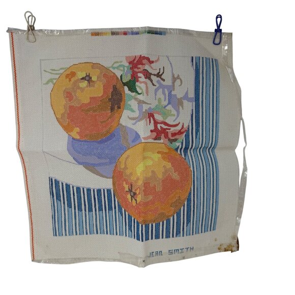 Vintage Jean Smith Orange Blue Stripe Floral Needlepoint Art Canvas Fruit 18" - Picture 1 of 4